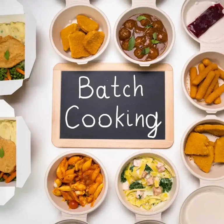 Containers of prepared meals from batch cooking, neatly arranged on a kitchen counter, including pasta, salads, and soups.