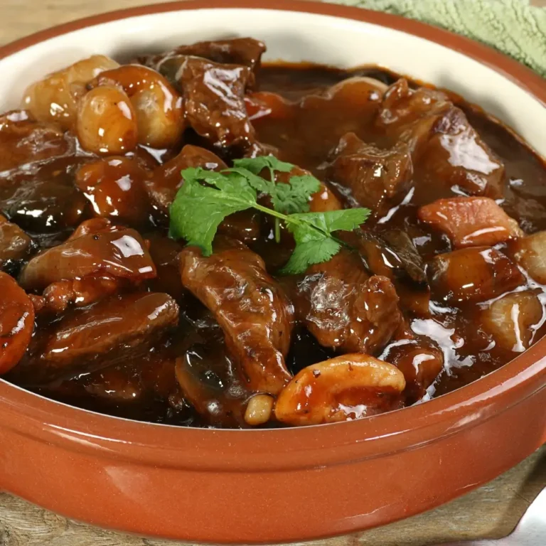 Beef Bourguignon Recipe: A hearty bowl, rich with tender beef, vegetables, and a flavorful sauce.