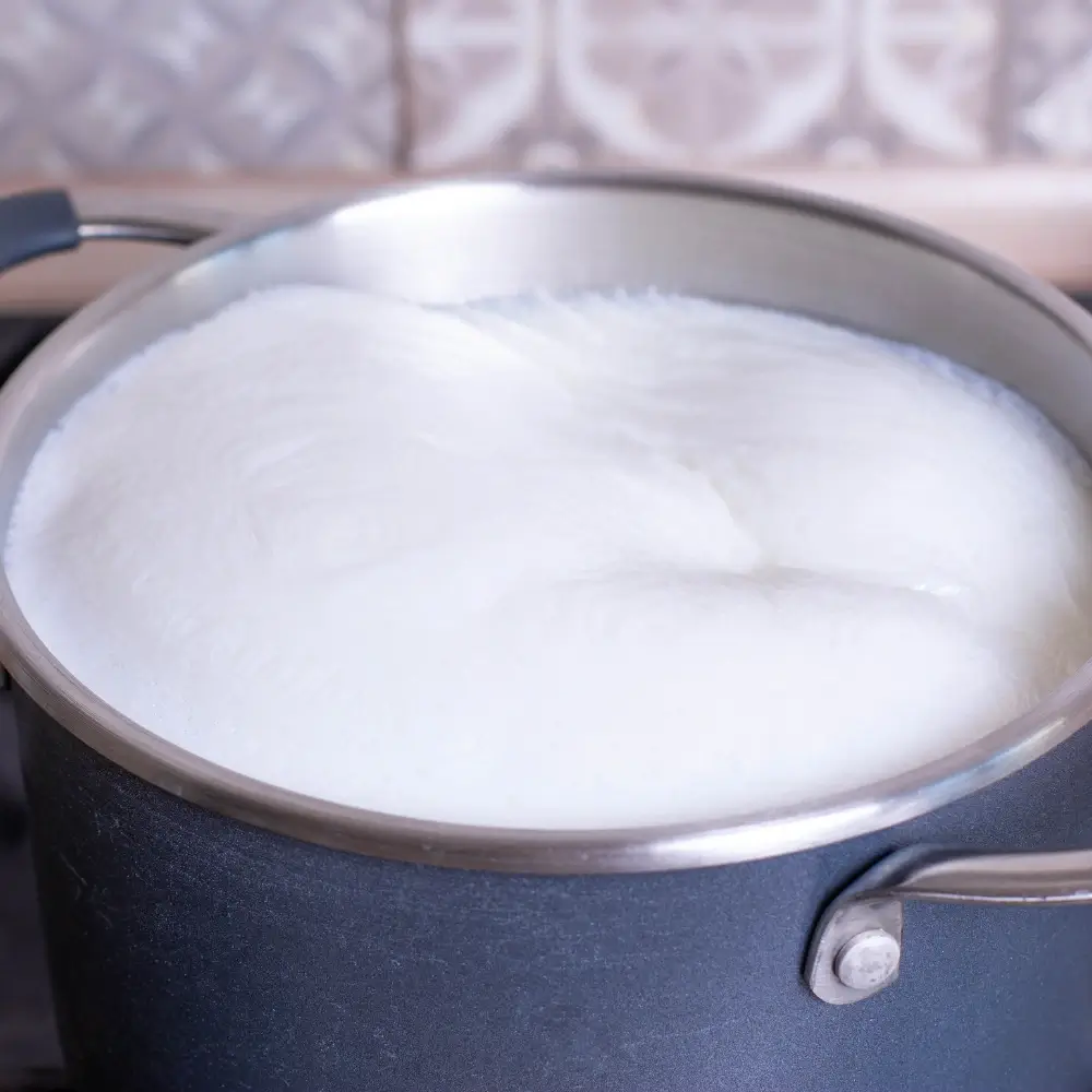 A pot of water boiling on a stovetop with fresh vegetables and pasta ready to cook, showcasing the boiling method.