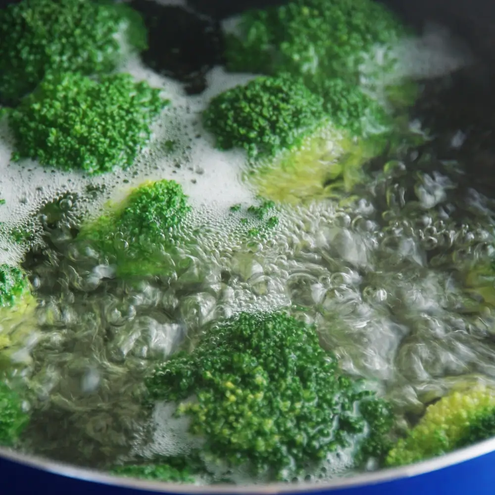 A pot of water boiling on a stovetop with fresh vegetables and pasta ready to cook, showcasing the boiling method.