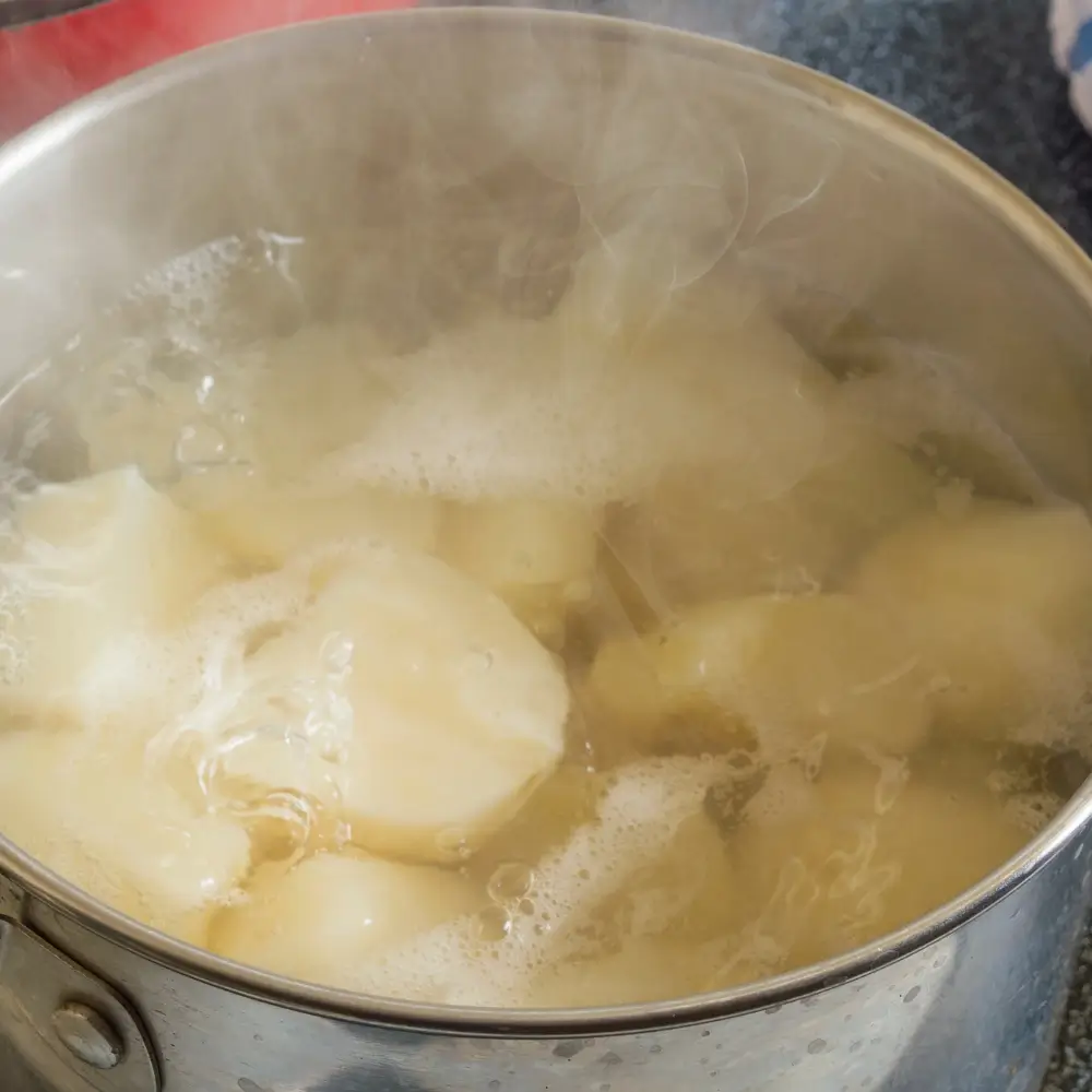 A pot of water boiling on a stovetop with fresh vegetables and pasta ready to cook, showcasing the boiling method.