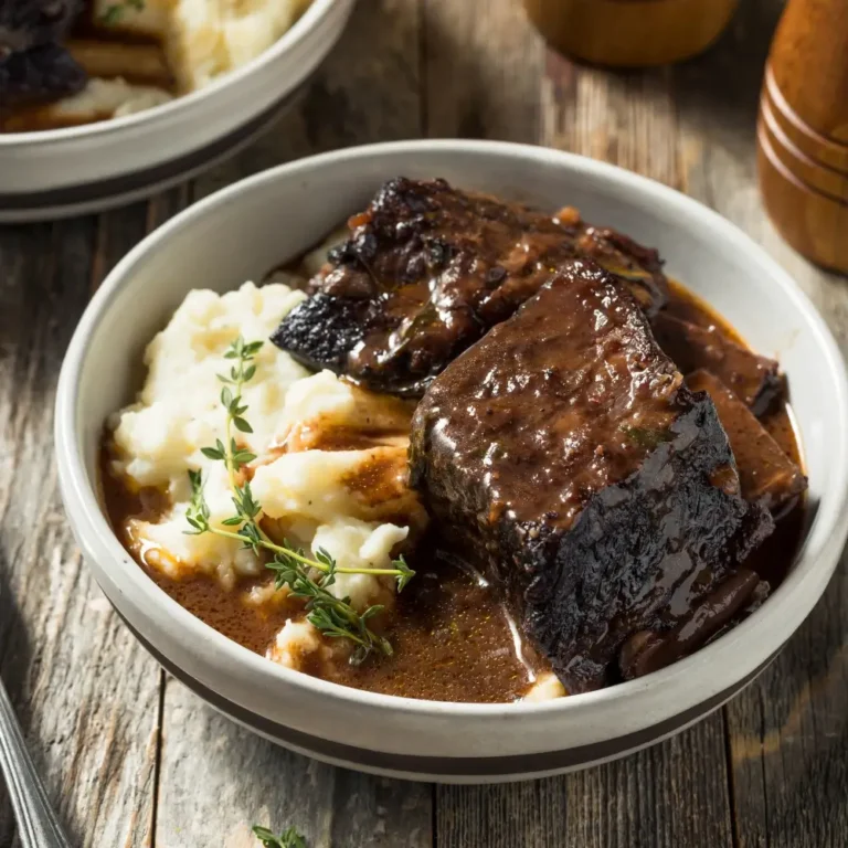 Tender braised beef, slow-cooked in a rich sauce with vegetables, served on a plate with gravy.