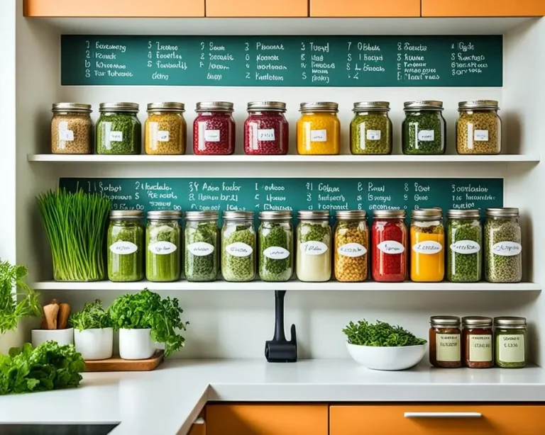 Glass jars filled with canned fruits and vegetables, sealed and arranged on a kitchen counter with canning tools nearby.