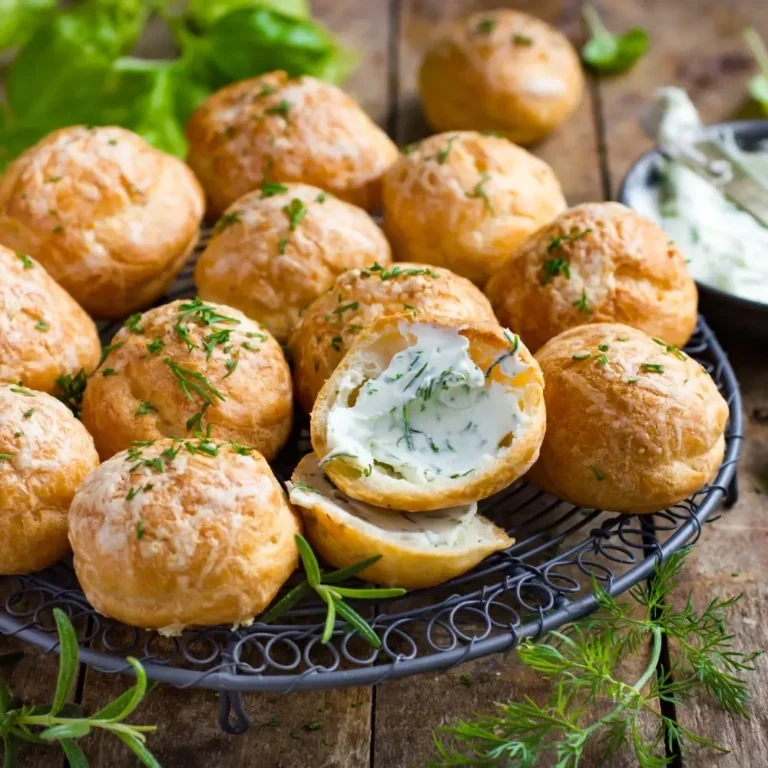 A plate of golden cheese gougères, light and airy with a crispy exterior and cheesy flavor.