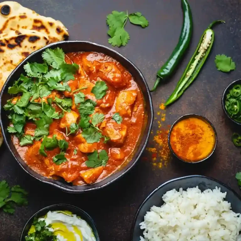 A bowl of chicken tikka masala, featuring tender chicken pieces in a creamy, spiced tomato sauce, served with rice and naan.