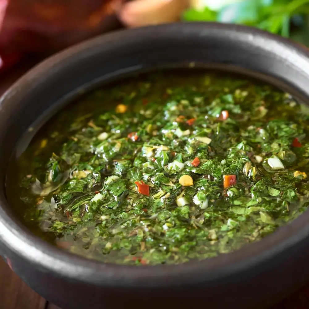 Fresh chimichurri sauce served in a small bowl, with vibrant herbs and a hint of acidity.