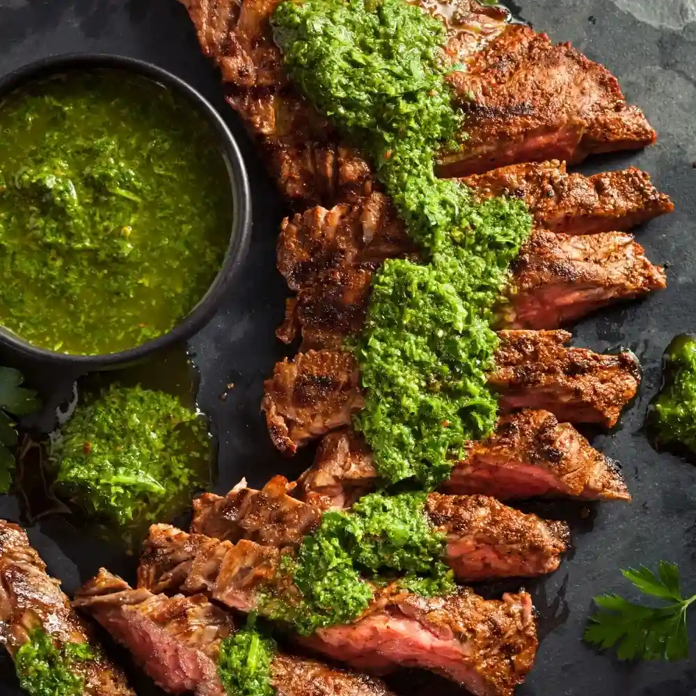 Fresh chimichurri sauce served in a small bowl, with vibrant herbs and a hint of acidity.