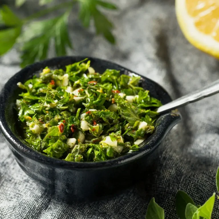 Fresh chimichurri sauce served in a small bowl, with vibrant herbs and a hint of acidity.