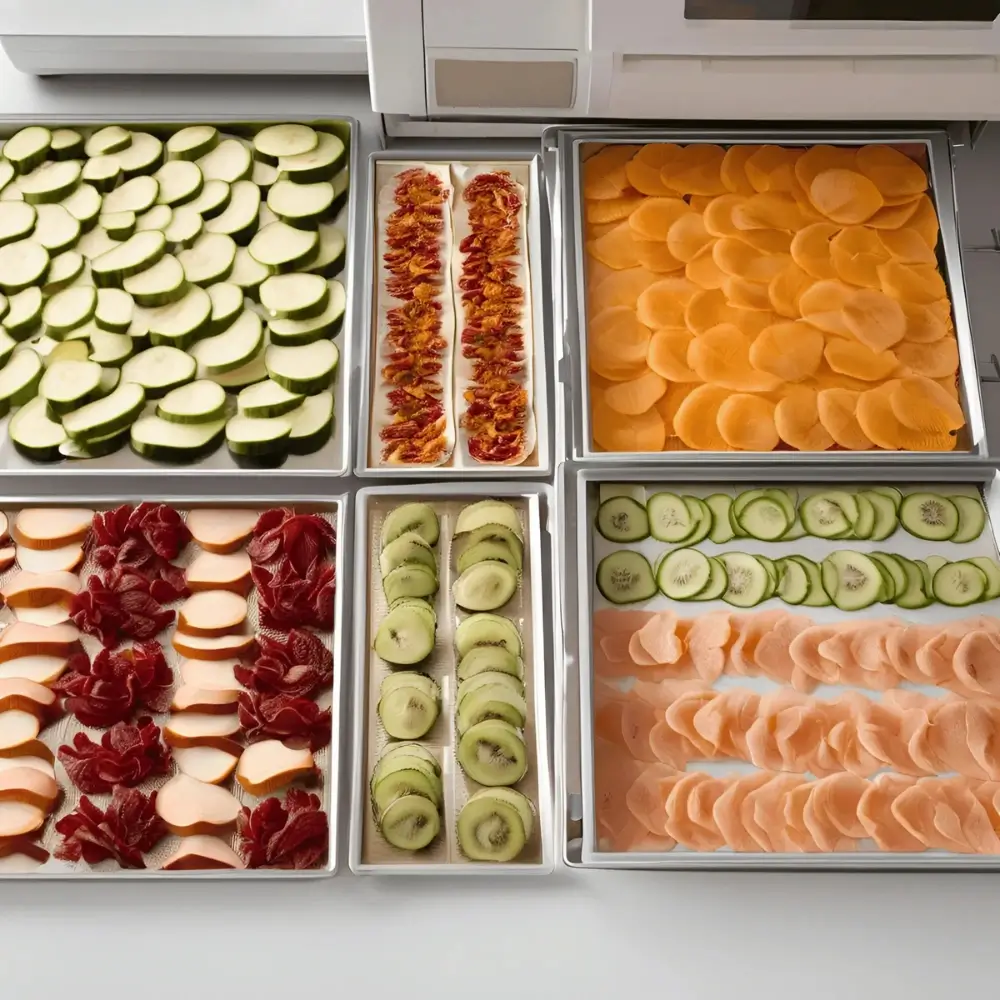 A collection of dried fruits and herbs displayed on a countertop, showcasing different food preservation techniques.