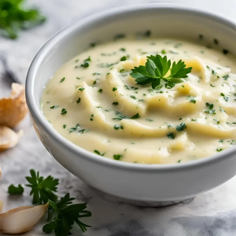 A rich and creamy garlic butter sauce in a bowl, garnished with fresh parsley, perfect for pasta, seafood, or dipping bread.