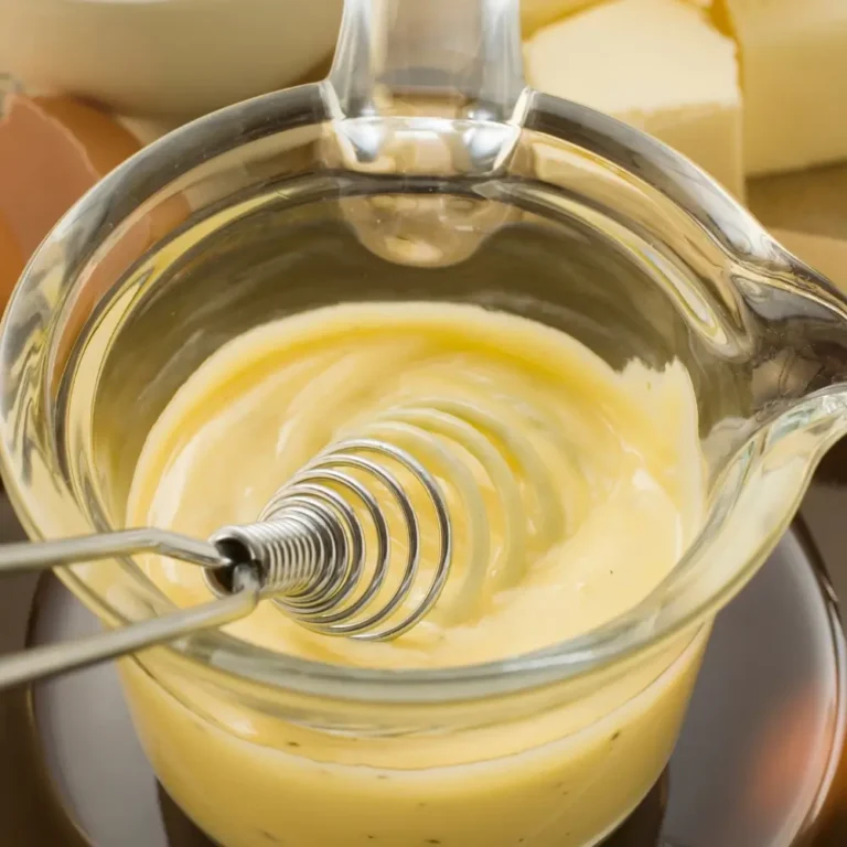 A rich and creamy hollandaise sauce, silky in texture with a buttery, tangy flavor, perfect for drizzling over eggs or vegetables.