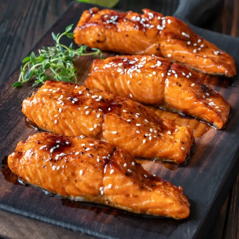 Baked Salmon Recipe: A fillet of honey garlic baked salmon, perfectly glazed with a sweet and savory sauce, garnished with fresh herbs.