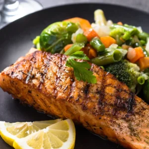 A fillet of honey garlic baked salmon, perfectly glazed with a sweet and savory sauce, garnished with fresh herbs.