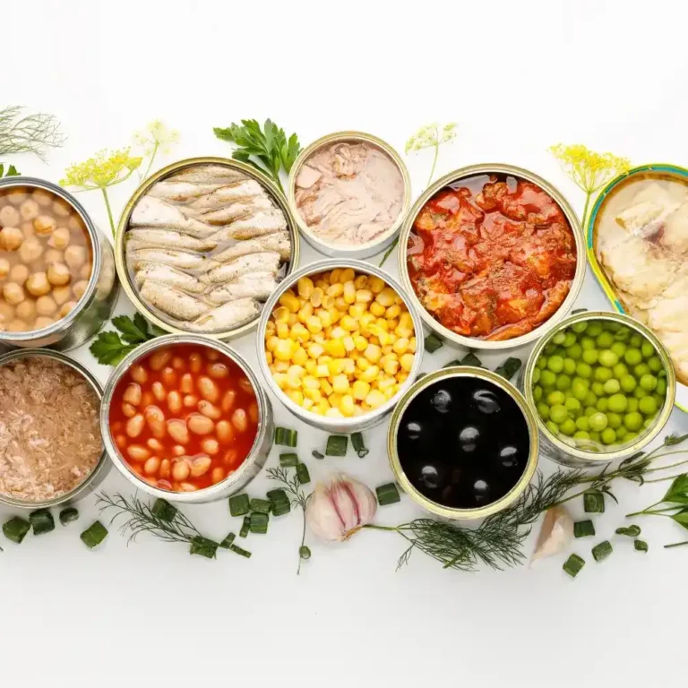 Packaged processed foods, including canned goods, snacks, and frozen meals, arranged on a kitchen counter.