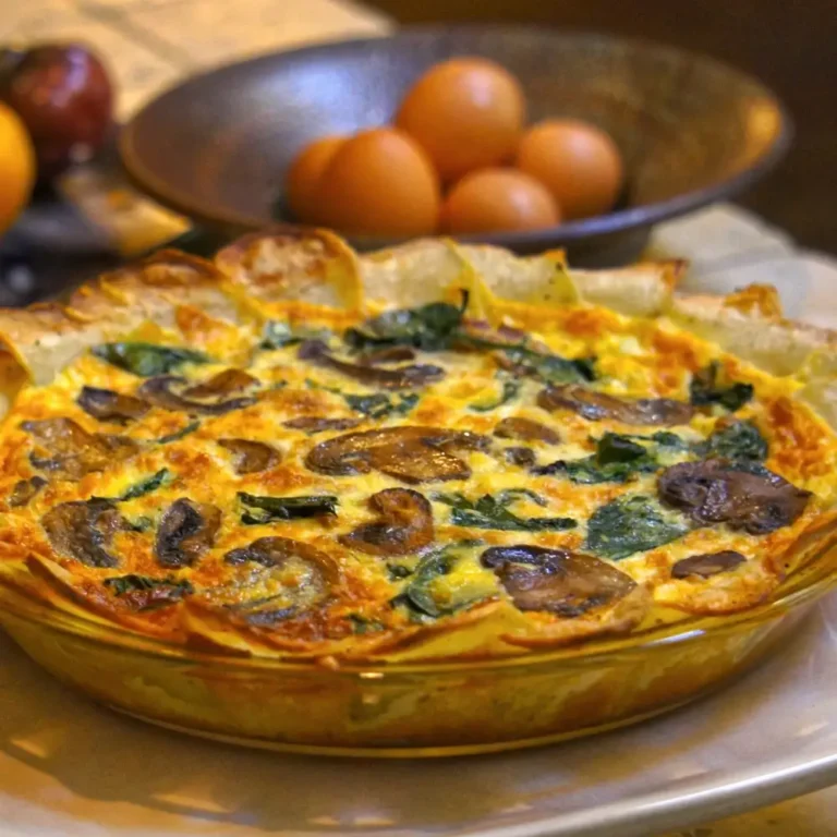 A slice of tortilla quiche bake with layers of eggs, cheese, and vegetables, served on a plate.