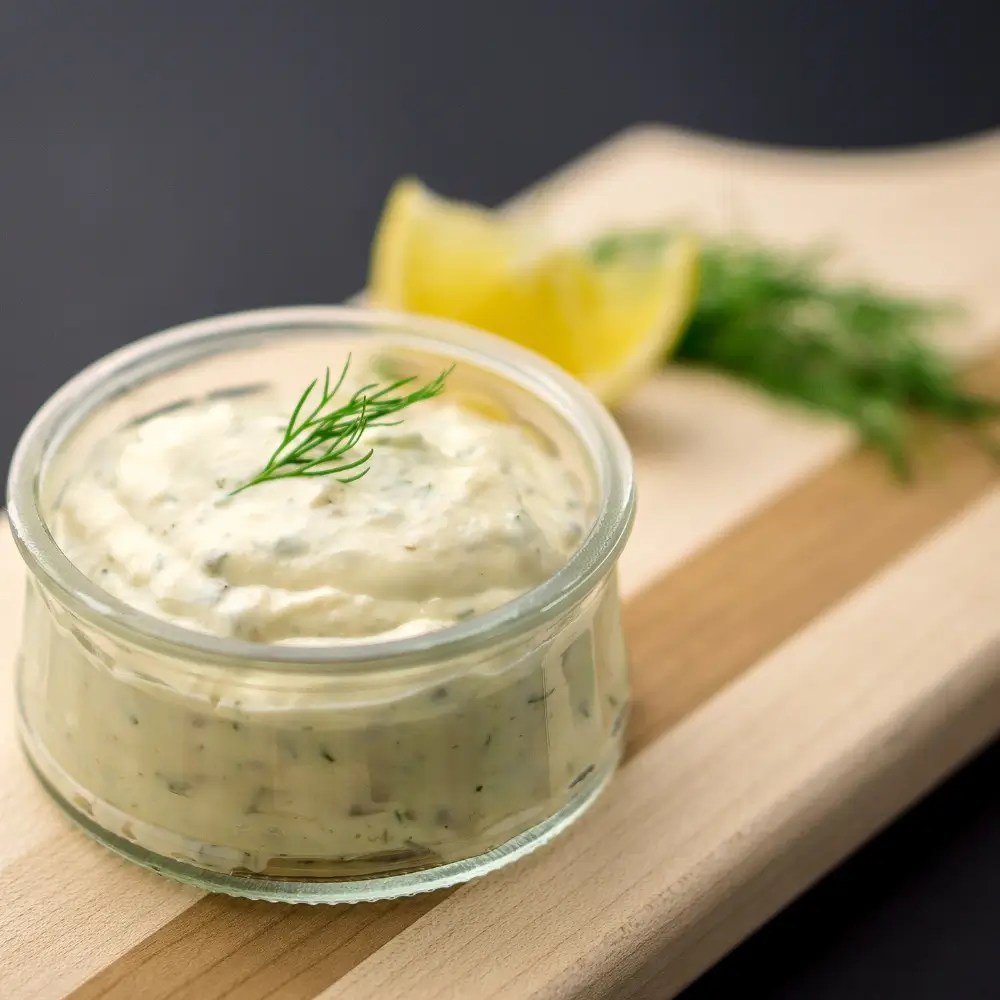 A bowl of creamy homemade tartar sauce, featuring chopped pickles, fresh herbs, and a tangy, flavorful base.