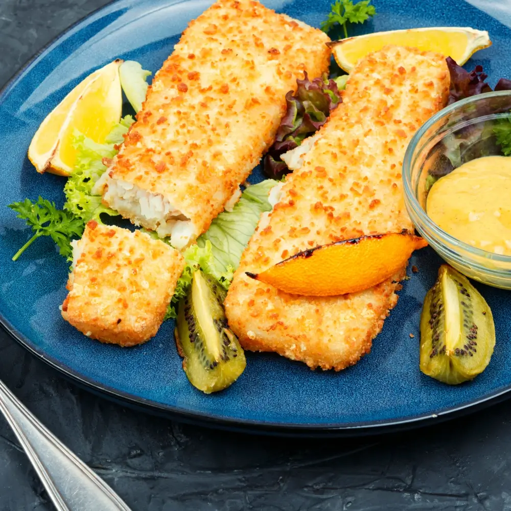 A plate of crispy fried cod fish fillets, golden brown and served with a side of lemon wedges and tartar sauce.