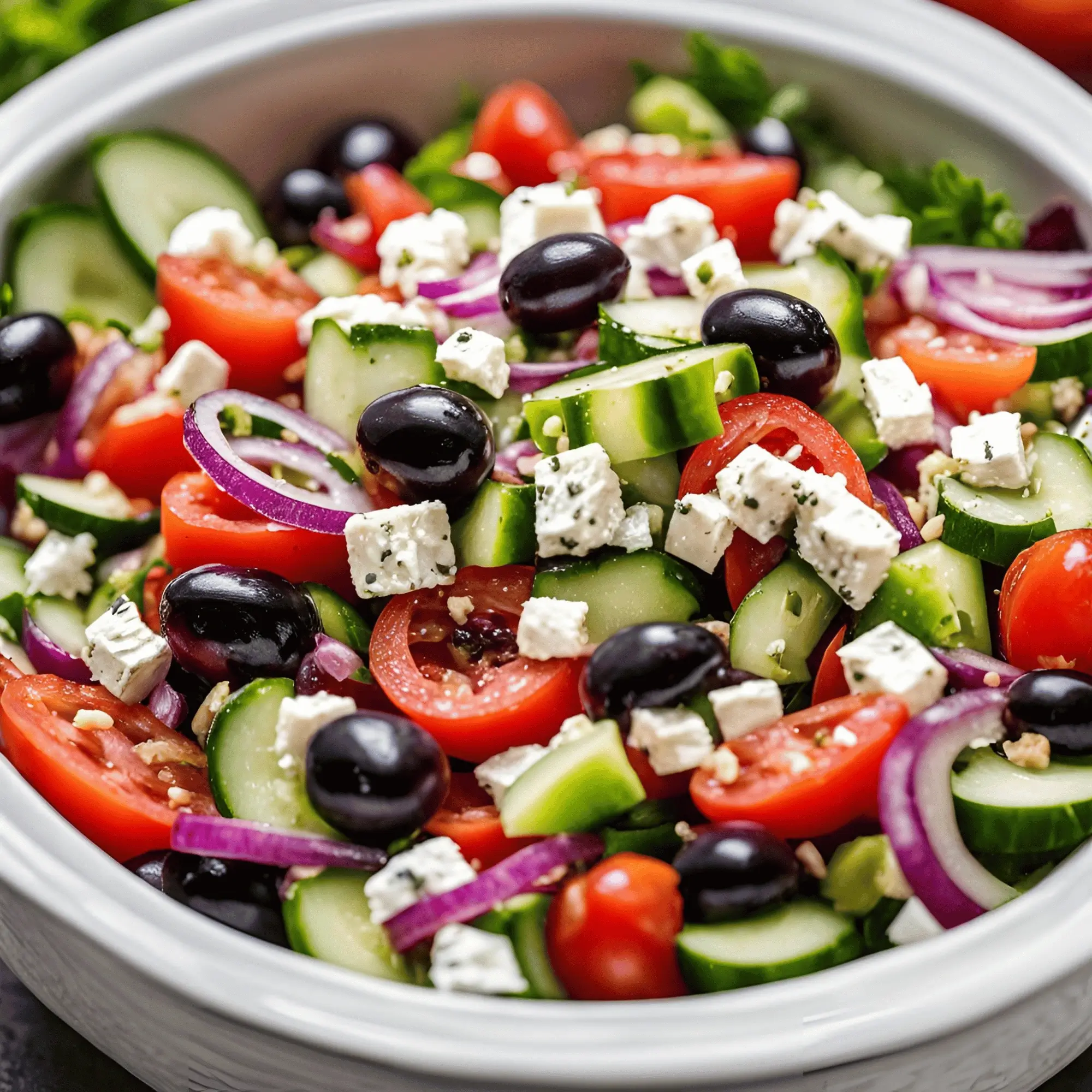 Greek Salad Recipe: A colorful salad with fresh vegetables, olives, feta cheese and a drizzle of olive oil and herbs.