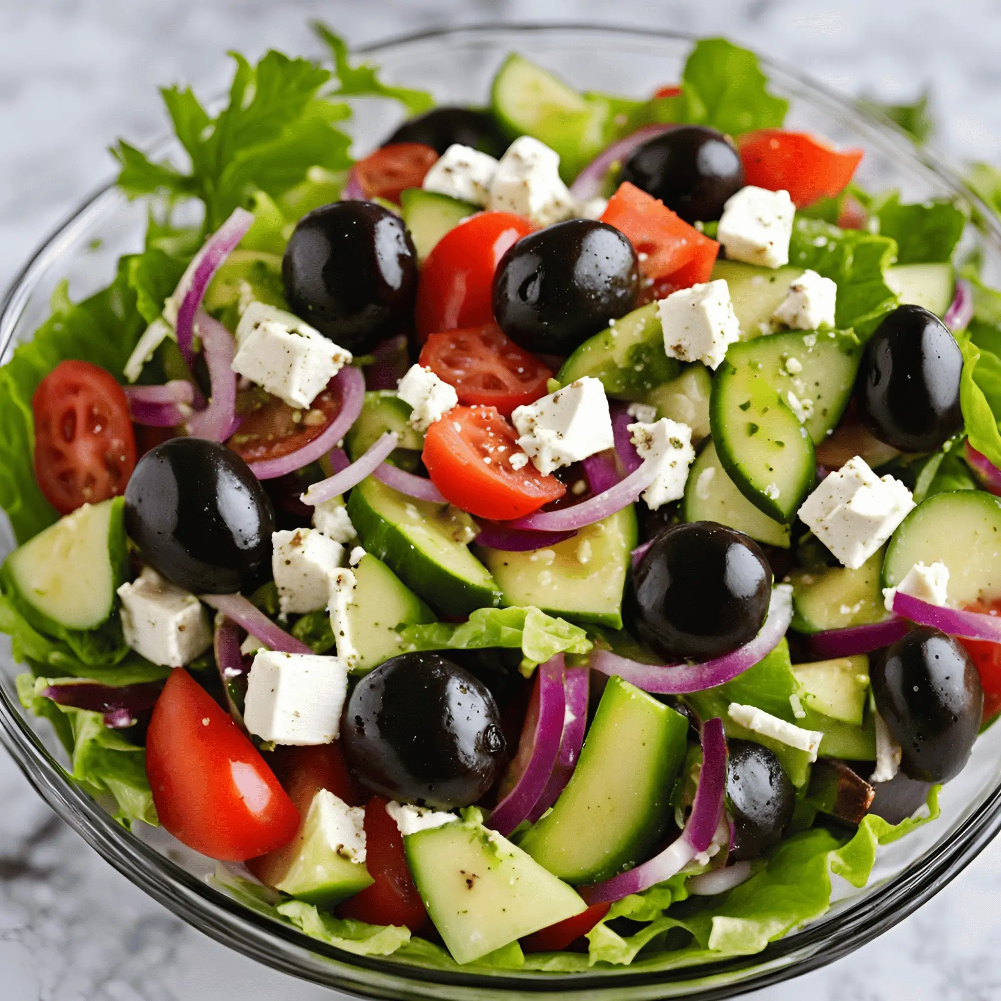 Greek Salad Recipe: A colorful salad with fresh vegetables, olives, feta cheese and a drizzle of olive oil and herbs.