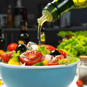 A colorful Greek salad with fresh vegetables, olives, feta cheese, and a drizzle of olive oil and herbs.