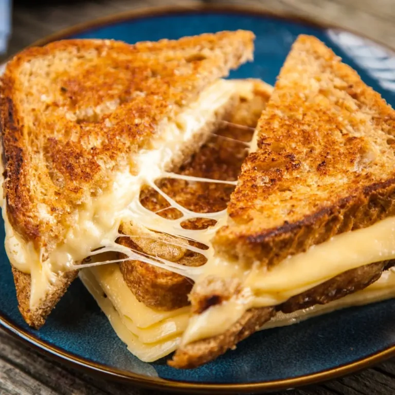 A golden-brown grilled cheese sandwich with melted cheese oozing out between two slices of toasted bread.