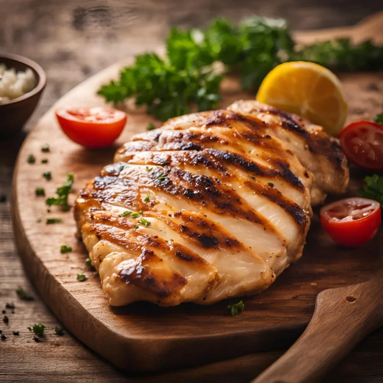 A perfectly grilled chicken breast, with grill marks and a juicy, tender texture, served with a side of vegetables.