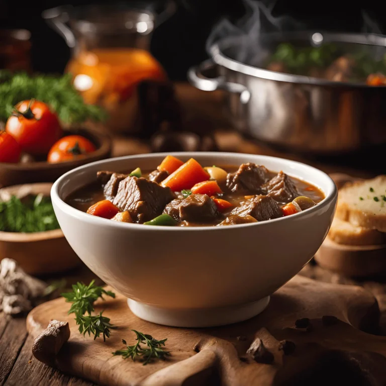 A bowl of hearty beef stew, filled with tender beef chunks, potatoes, carrots, and a rich broth.