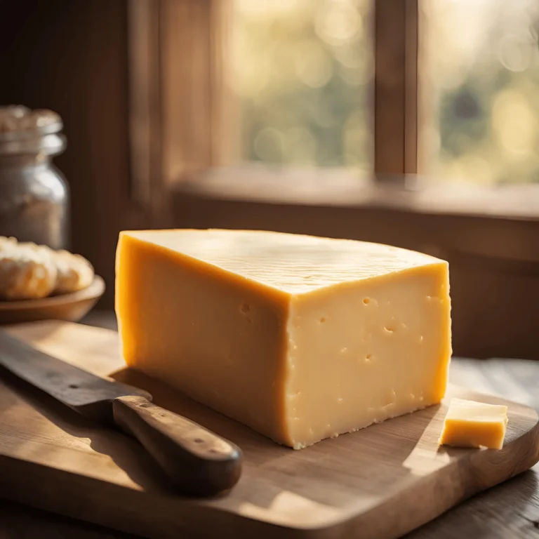 A block of homemade cheddar cheese, golden and crumbly with a rich, smooth texture.