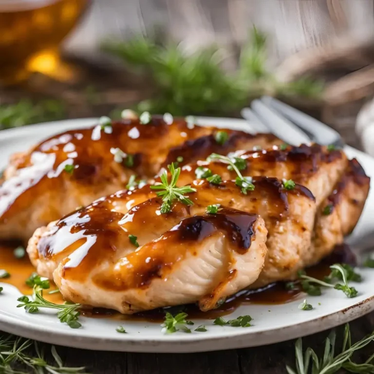 A plate of honey garlic glazed chicken breast, drizzled with a sweet and savory glaze, served with vegetables.