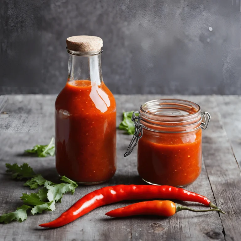 A bottle of homemade hot sauce, vibrant in color, with a spicy and tangy aroma.