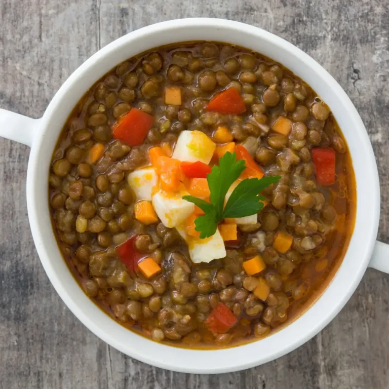 A bowl of hearty lentil soup, filled with tender lentils, vegetables, and a rich broth.