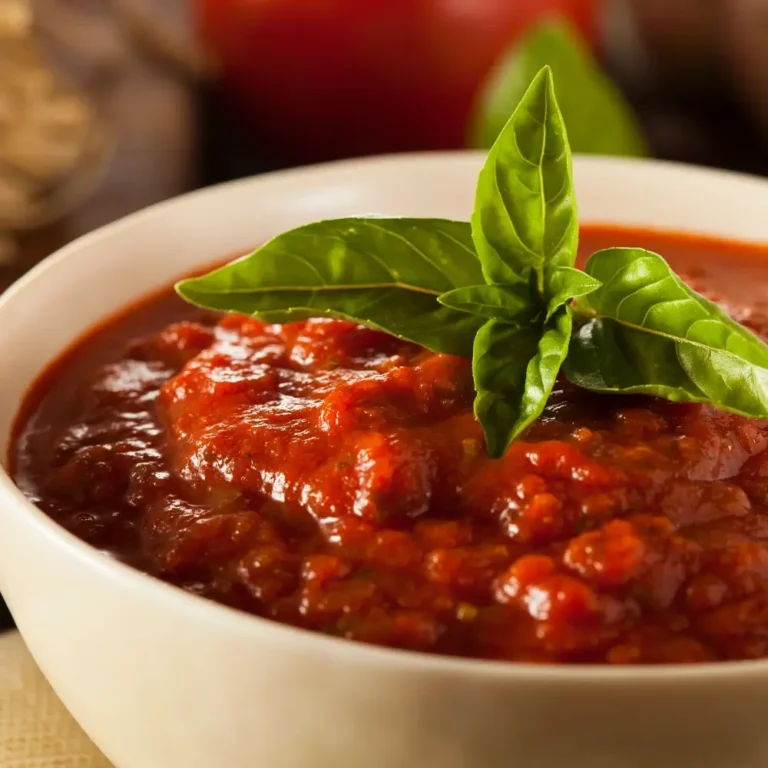 A bowl of rich, red marinara sauce, with a chunky texture and fresh herbs.