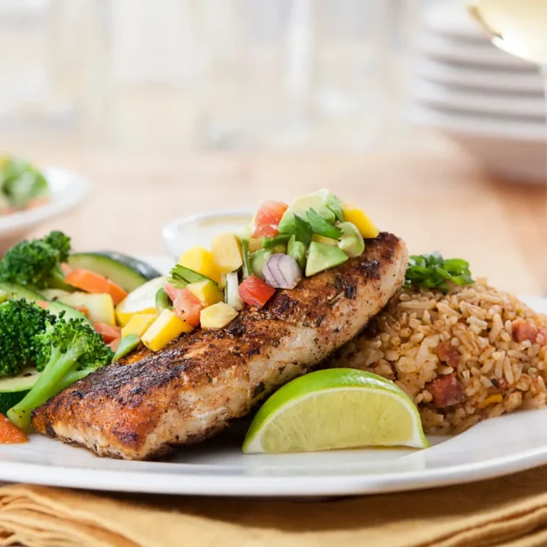 A perfectly pan seared mahi mahi fillet, golden and crispy on the outside, tender on the inside, served with a side of vegetables.