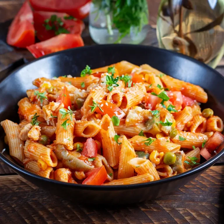 A plate of penne arrabbiata, with perfectly cooked penne pasta tossed in a spicy tomato sauce.