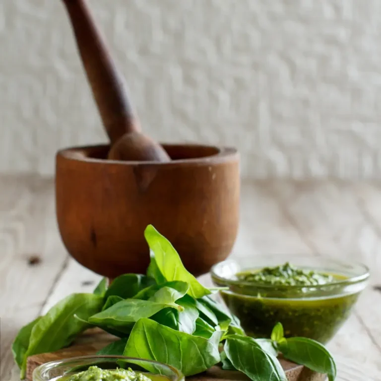 A bowl of vibrant green pesto sauce, made with fresh basil, garlic, olive oil, and pine nuts.