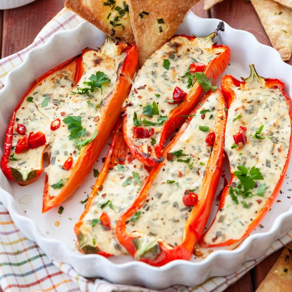 A plate of colorful stuffed bell peppers, filled with a savory mixture of rice, vegetables, and seasonings.