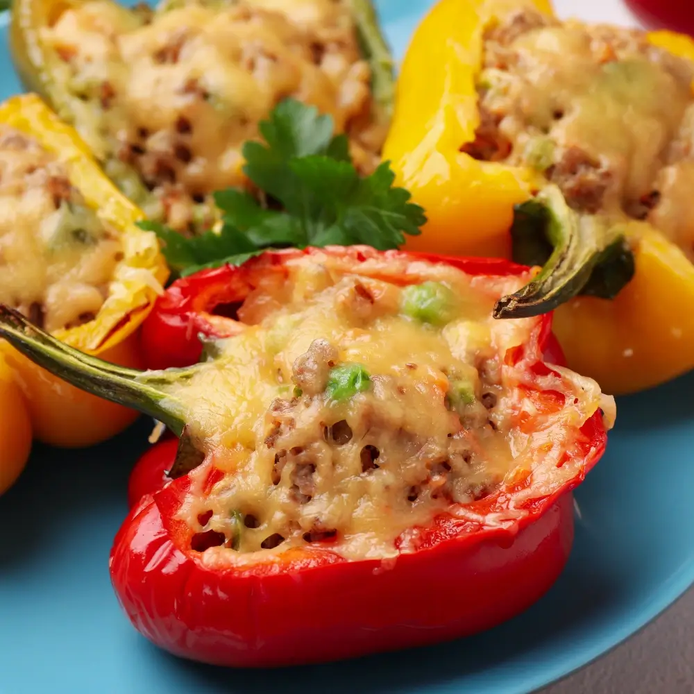 A plate of colorful stuffed bell peppers, filled with a savory mixture of rice, vegetables, and seasonings.