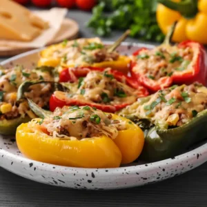 Stuffed Bell Peppers Recipe: A colorful plate filled with a flavorful blend of rice, vegetables and seasonings.