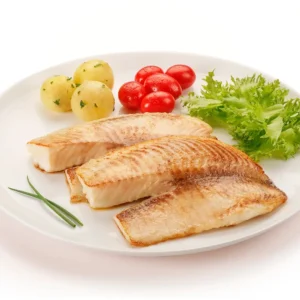 A perfectly cooked tilapia fillet, golden and crispy on the outside, tender and flaky on the inside.