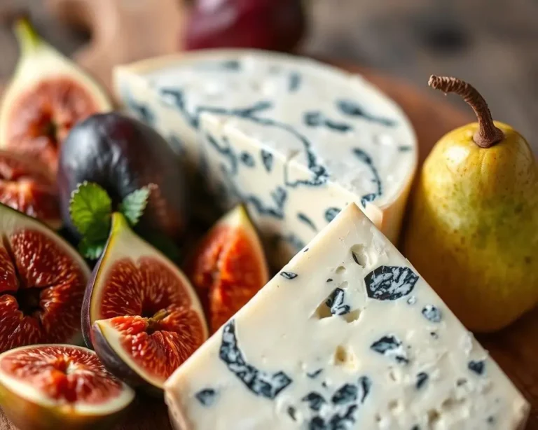 A close-up of creamy blue cheese with its distinctive blue veins, perfect for gourmet dishes or cheese boards.