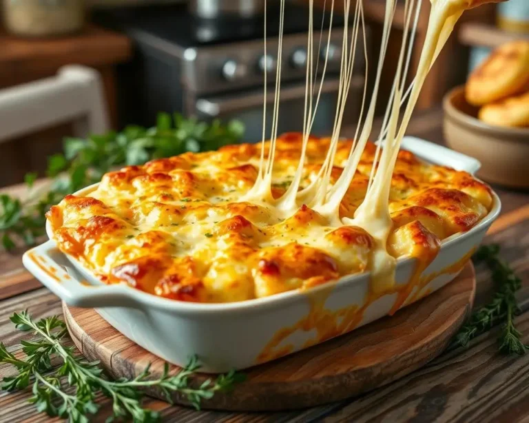 A cheesy potato casserole with a golden-brown crust, topped with fresh herbs and served in a baking dish.