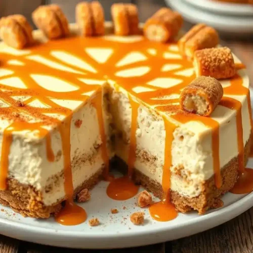 A slice of churro cheesecake with a cinnamon-sugar crust, creamy filling, and a drizzle of caramel sauce.