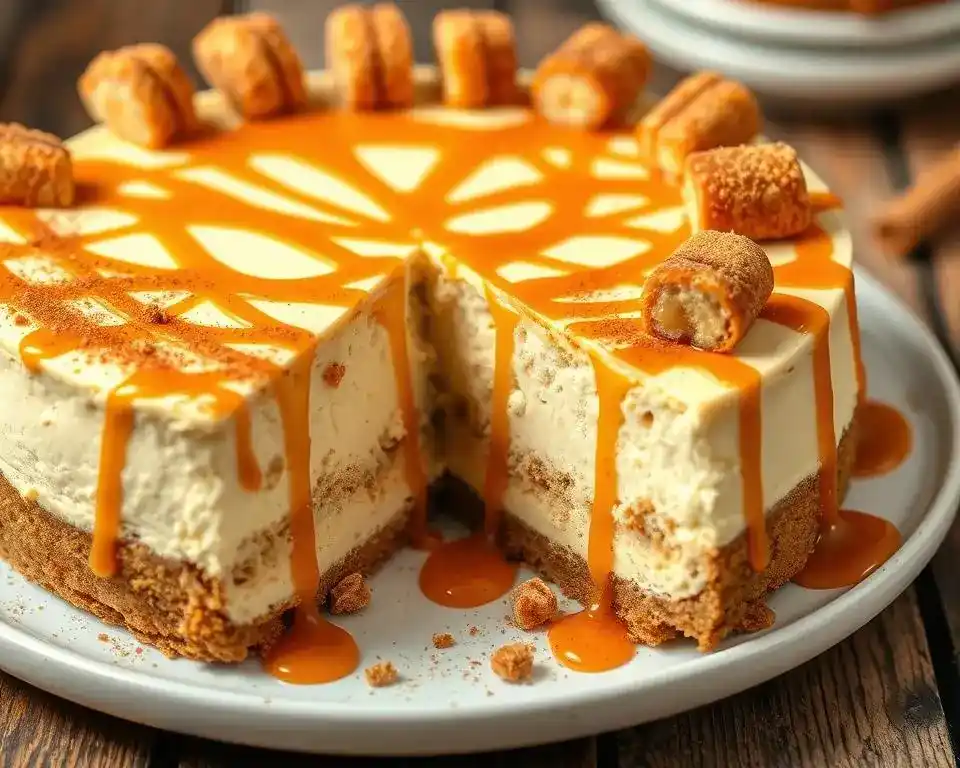 A slice of churro cheesecake with a cinnamon-sugar crust, creamy filling, and a drizzle of caramel sauce.