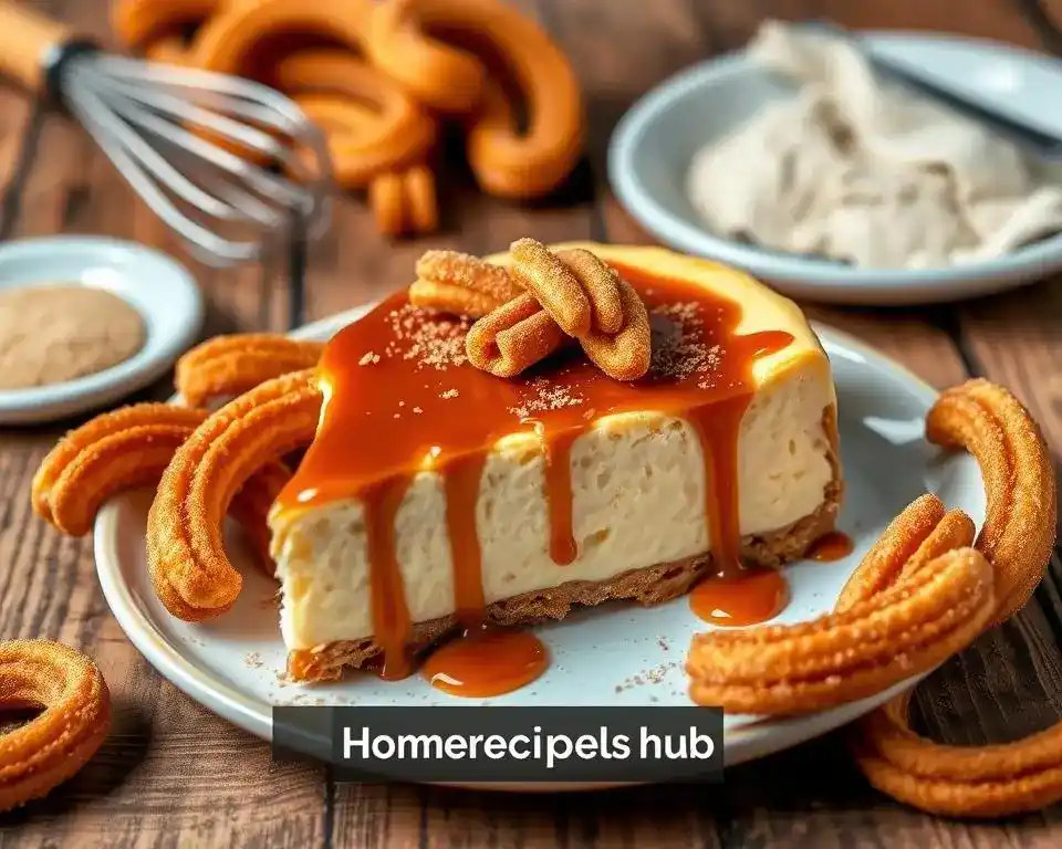 A slice of churro cheesecake with a cinnamon-sugar crust, creamy filling, and a drizzle of caramel sauce.