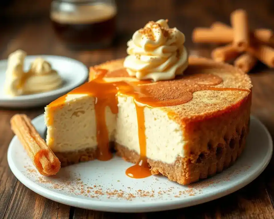 A slice of churro cheesecake with a cinnamon-sugar crust, creamy filling, and a drizzle of caramel sauce.