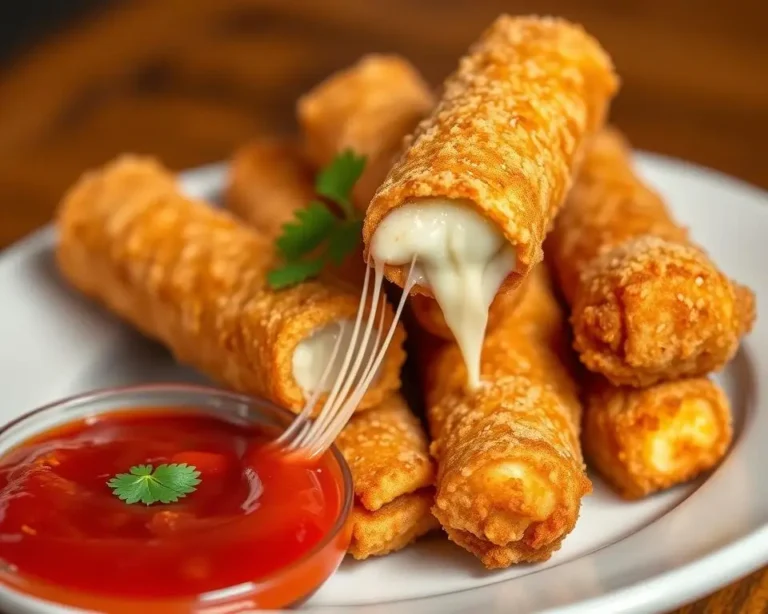 Crispy fried mozzarella sticks with a golden-brown coating, served with a side of marinara sauce.