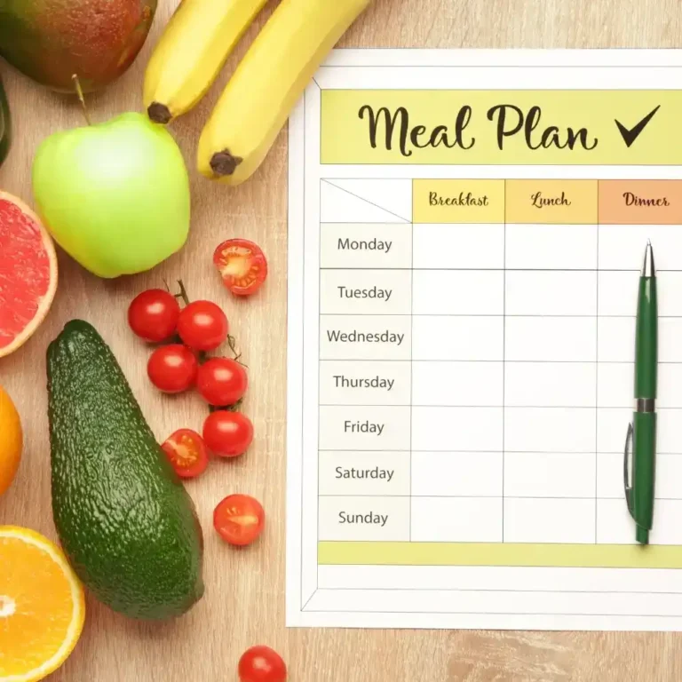 A weekly meal planning board with colorful recipe cards, fresh ingredients, and a notepad for grocery shopping.