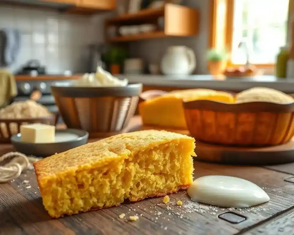 A golden, crumbly slice of southern cornbread, served with a pat of butter on top.