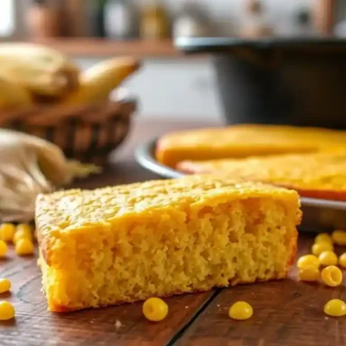 A golden, crumbly slice of southern cornbread, served with a pat of butter on top.