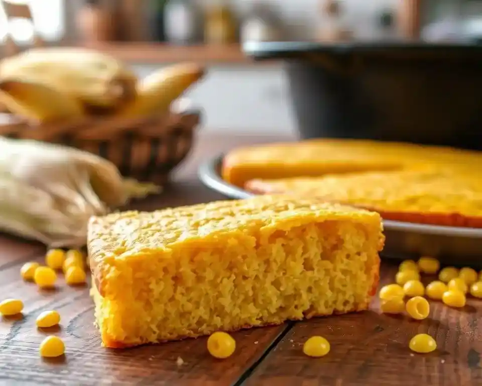 A golden, crumbly slice of southern cornbread, served with a pat of butter on top.